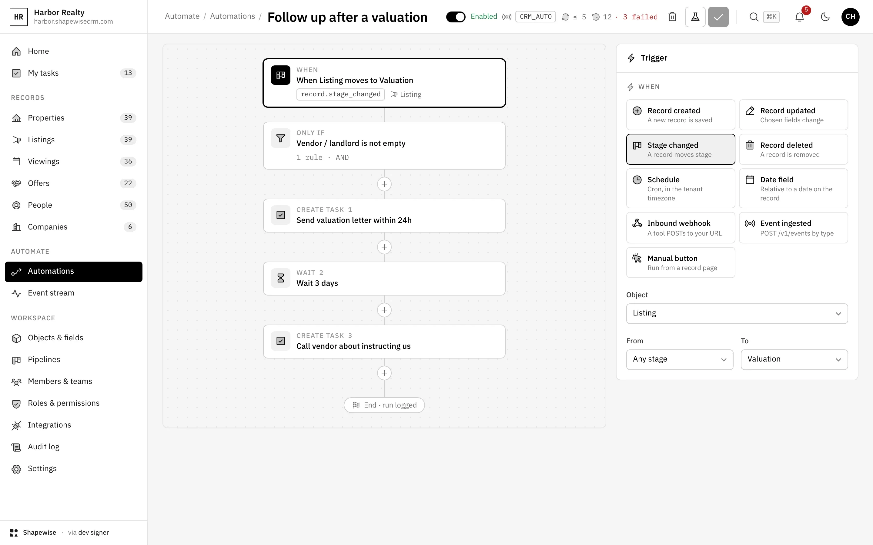 Shapewise Real Estate CRM: follow-ups that never slip — demo data for Harbor Realty